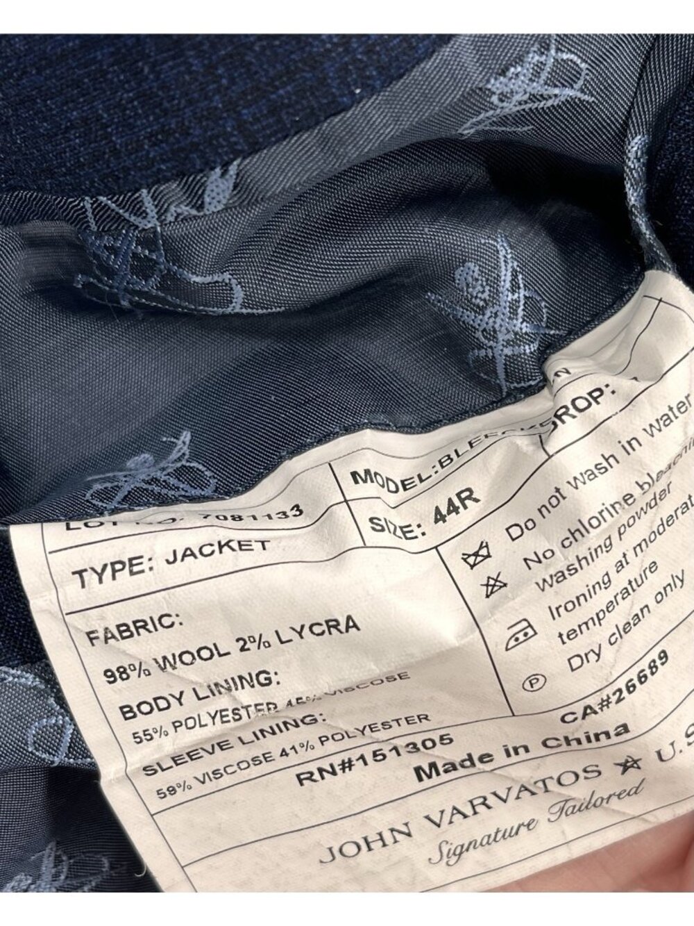 JOHN VARVATOS Men's Navy Signature Tailored Bleecker Wool Blazer 44R - Picture 5 of 7